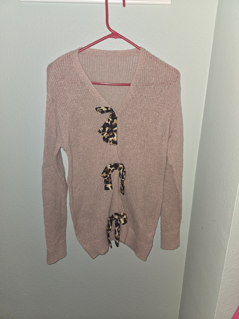 Women's Blush Pink Knit Cardigan with Leopard Tie Details